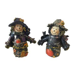 Festive Autumn‎ Scarecrow Figurines Pair Pumpkin Cat Rustic Harvest Decor Set